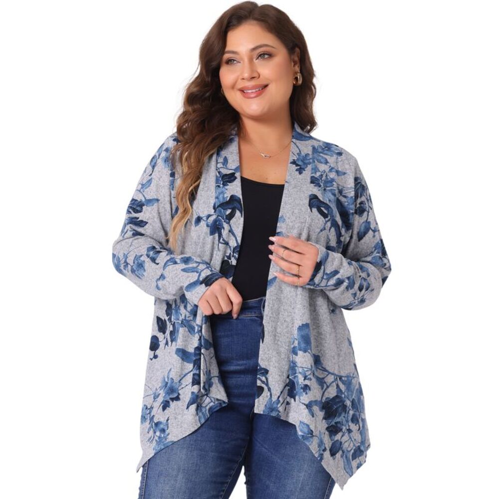 Plus Size Leopard Print Asymmetric Hem Jacket Open Front Cardigans Grey Blue